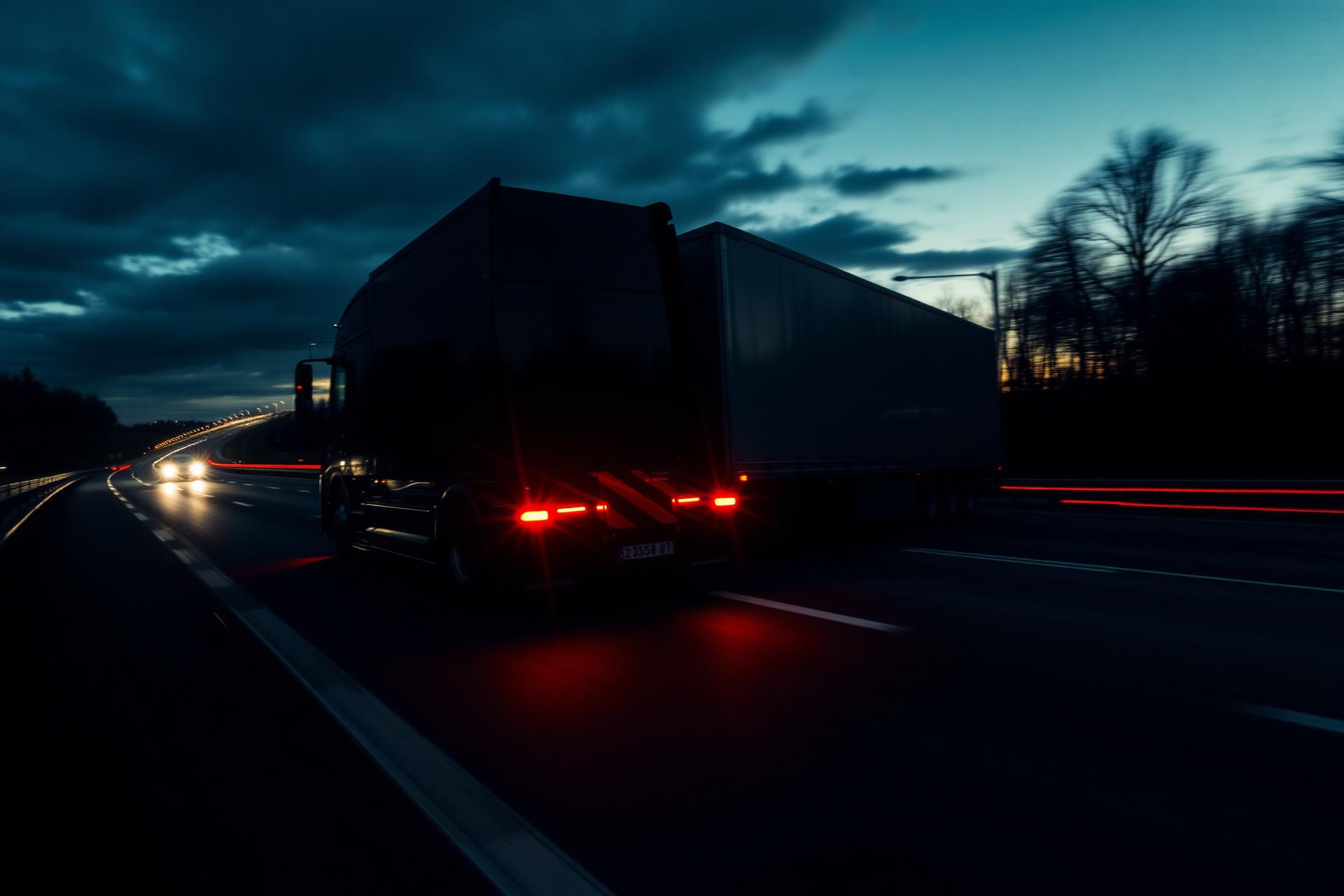 Dunkler LKW auf deutscher Autobahn bei Dämmerung